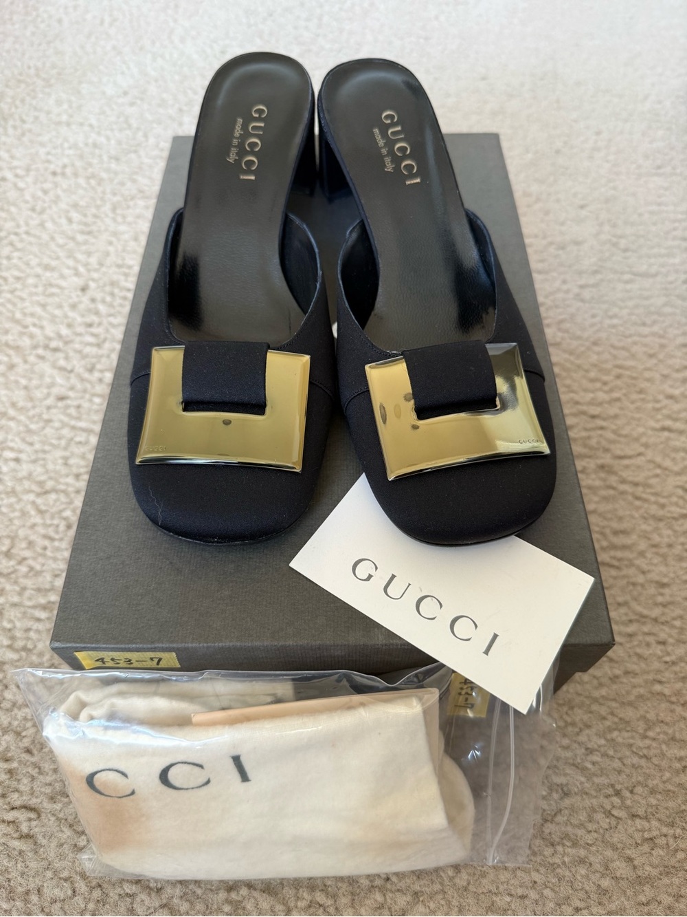 Gucci Black Satin Slide Mules with Gold Square Buckles